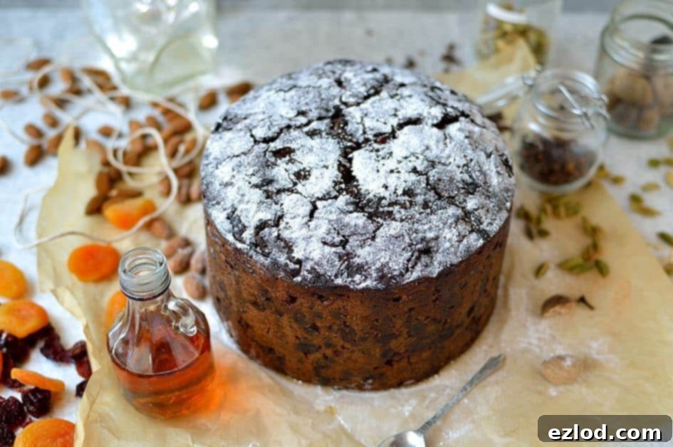 Rich Christmas fruitcake packed full of rum soaked fruit. Make in advance and feed regularly with rum, whiskey, brandy or sherry