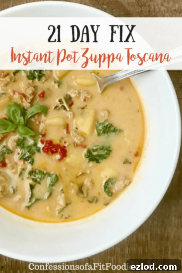Delicious and healthy 21 Day Fix Zuppa Toscana soup made dairy-free and gluten-free, ready in an Instant Pot or on the stove.