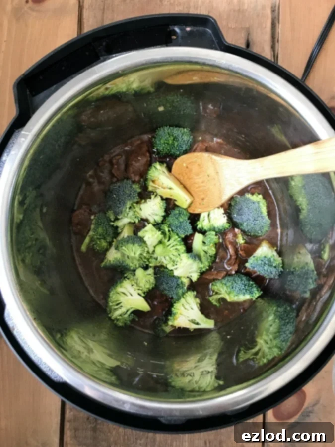 Instructions on how to make the Instant Pot Beef and Broccoli sauce, showing the slurry being prepared.