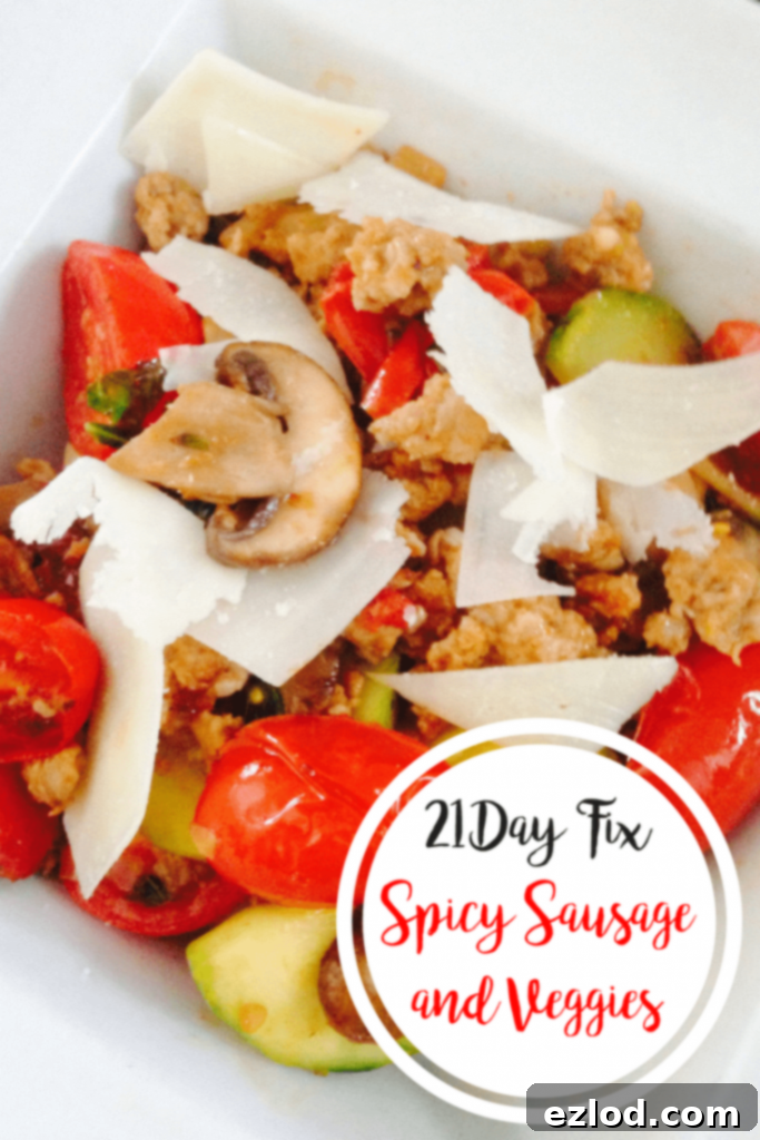 Spicy Sausage & Roasted Vegetable Medley 4 Spicy Sausage cooked with mushrooms, grape tomatoes, and zucchini and topped with shaved parmesan cheese in a white square bowl