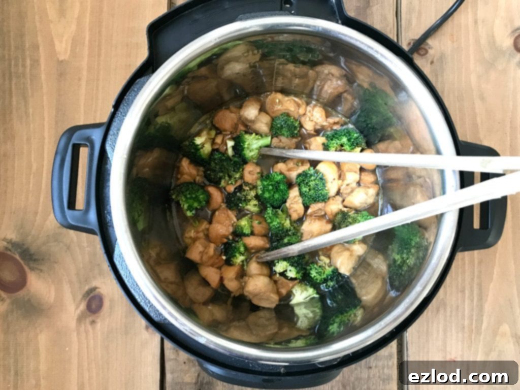 Another overhead shot of Instant Pot Chicken and Broccoli, beautifully presented and ready to serve.