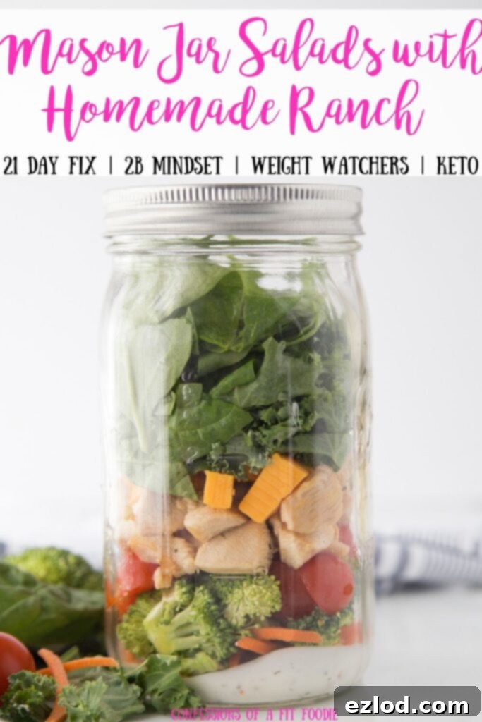 A collection of vibrant Mason Jar Salads with homemade ranch dressing, showcasing various fresh ingredients and the convenience of meal prep.