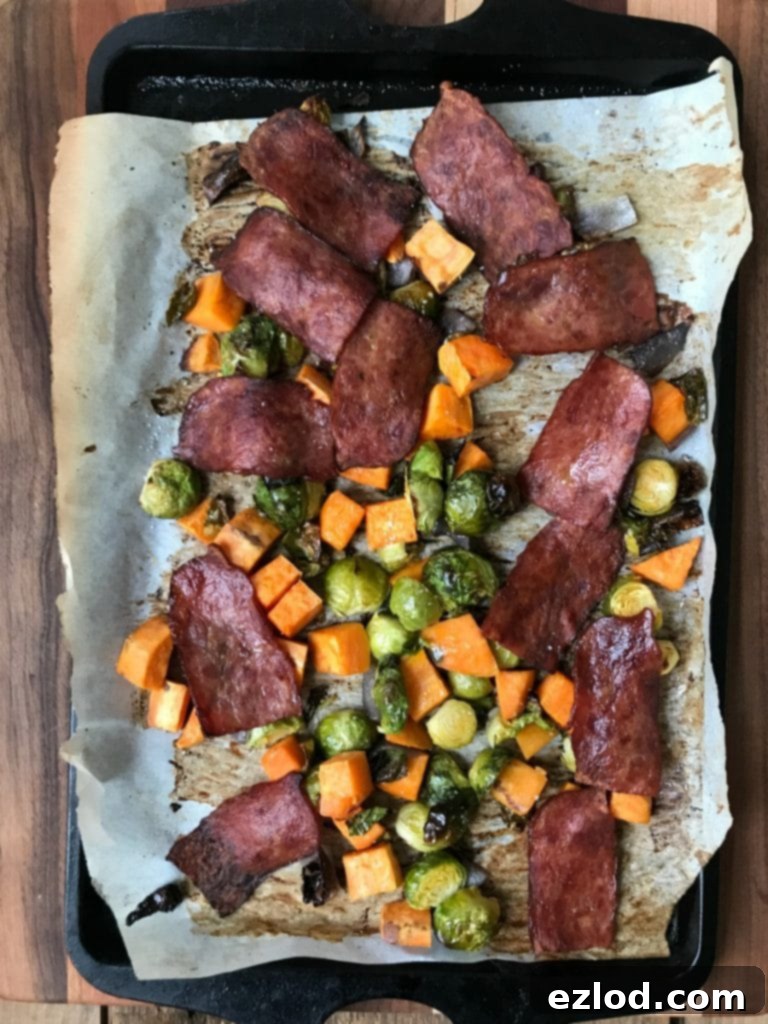 80 Day Obsession Sweet Potato Sheet Pan Breakfast with roasted vegetables and bacon