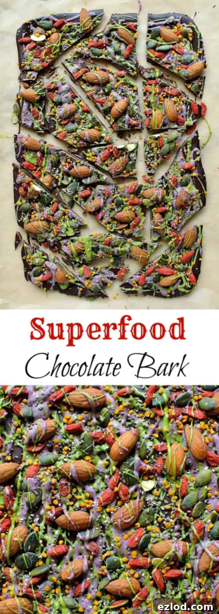 Superfood chocolate bark - dark chocolate topped with almonds, goji berries, seeds, bee pollen and white chocolate flavoured with matcha and freeze dried blueberry powder