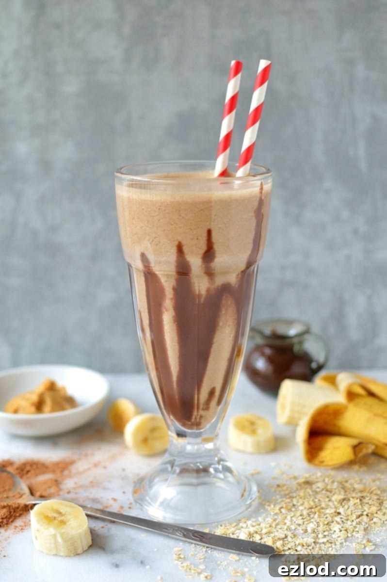 Chocolate peanut butter banana breakfast smoothie - nutritious, filling and delicious!