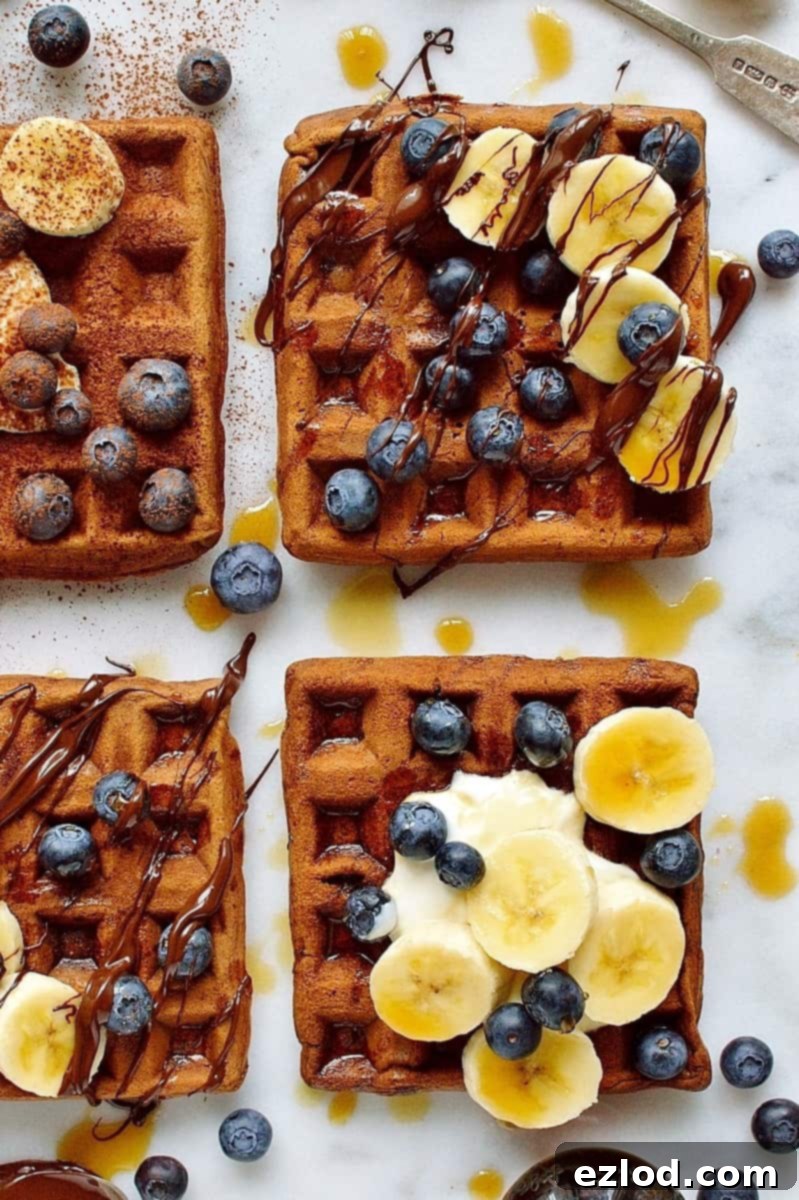 Healthier chocolate banana waffles - banana and chocolate flavoured waffles made with spelt and buckwheat flour with yoghurt for extra protein, healthy and delicious!