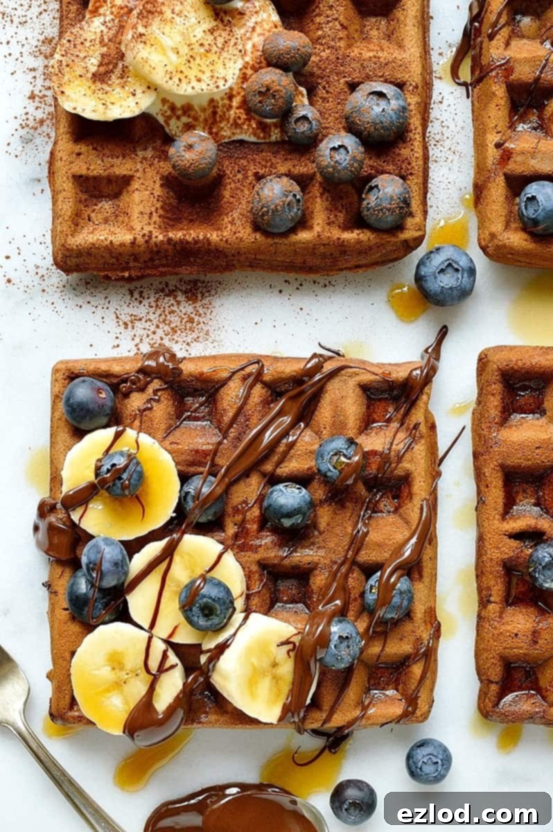 Healthier chocolate banana waffles - banana and chocolate flavoured waffles made with spelt and buckwheat flour with yoghurt for extra protein, healthy and delicious!