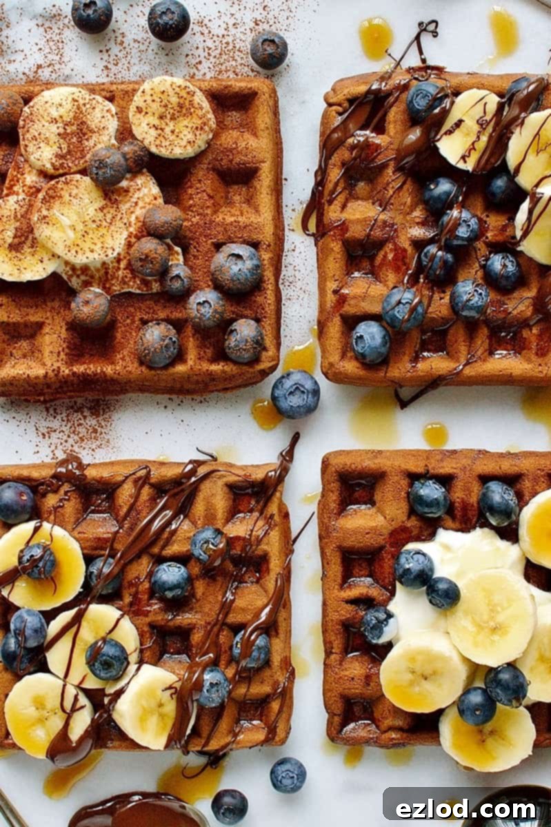 Healthier chocolate banana waffles - banana and chocolate flavoured waffles made with spelt and buckwheat flour with yoghurt for extra protein, healthy and delicious!