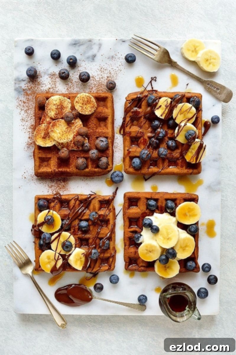 Healthier chocolate banana waffles - banana and chocolate flavoured waffles made with spelt and buckwheat flour with yoghurt for extra protein, healthy and delicious!