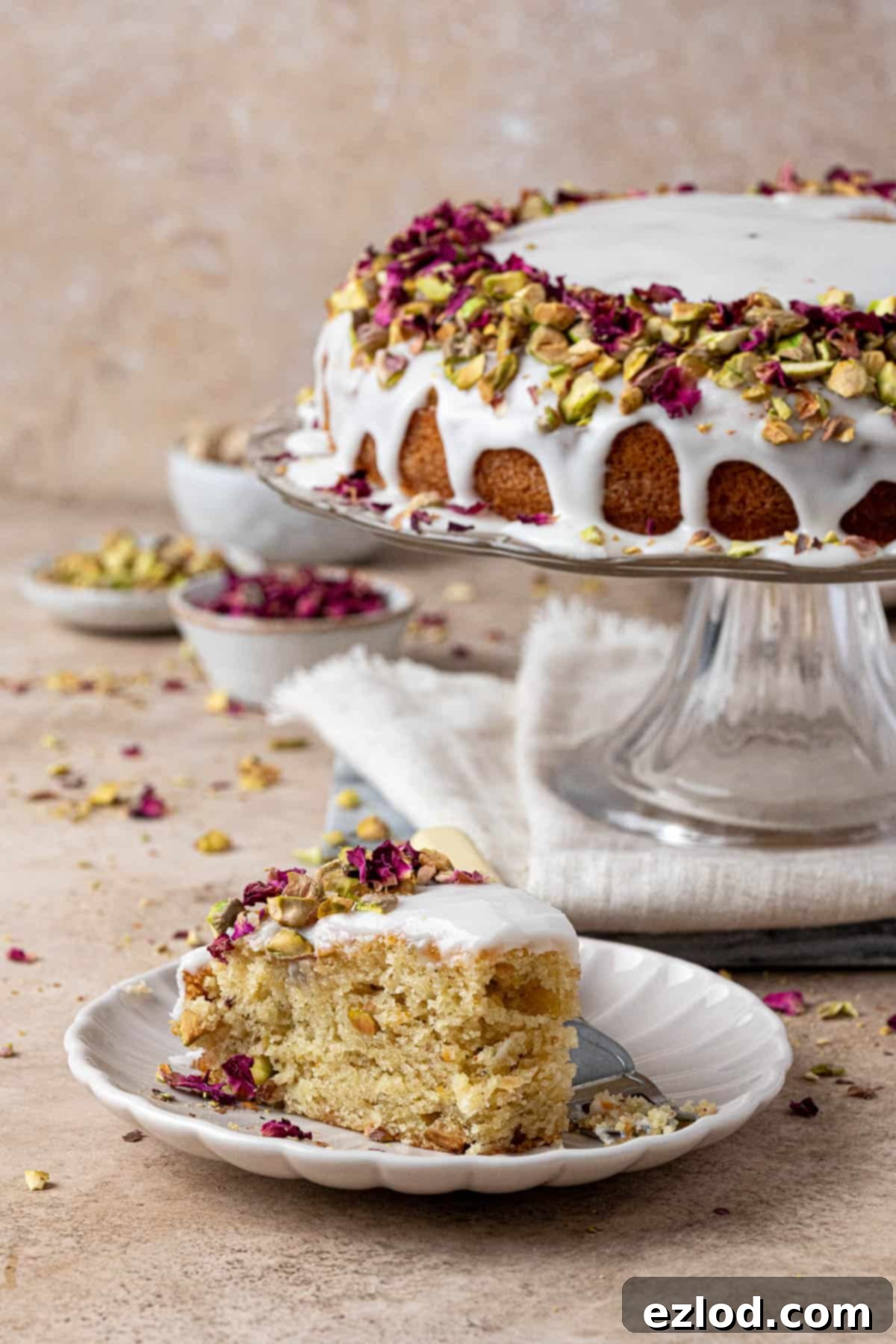 A slice of the vegan Persian love cake on a plate.