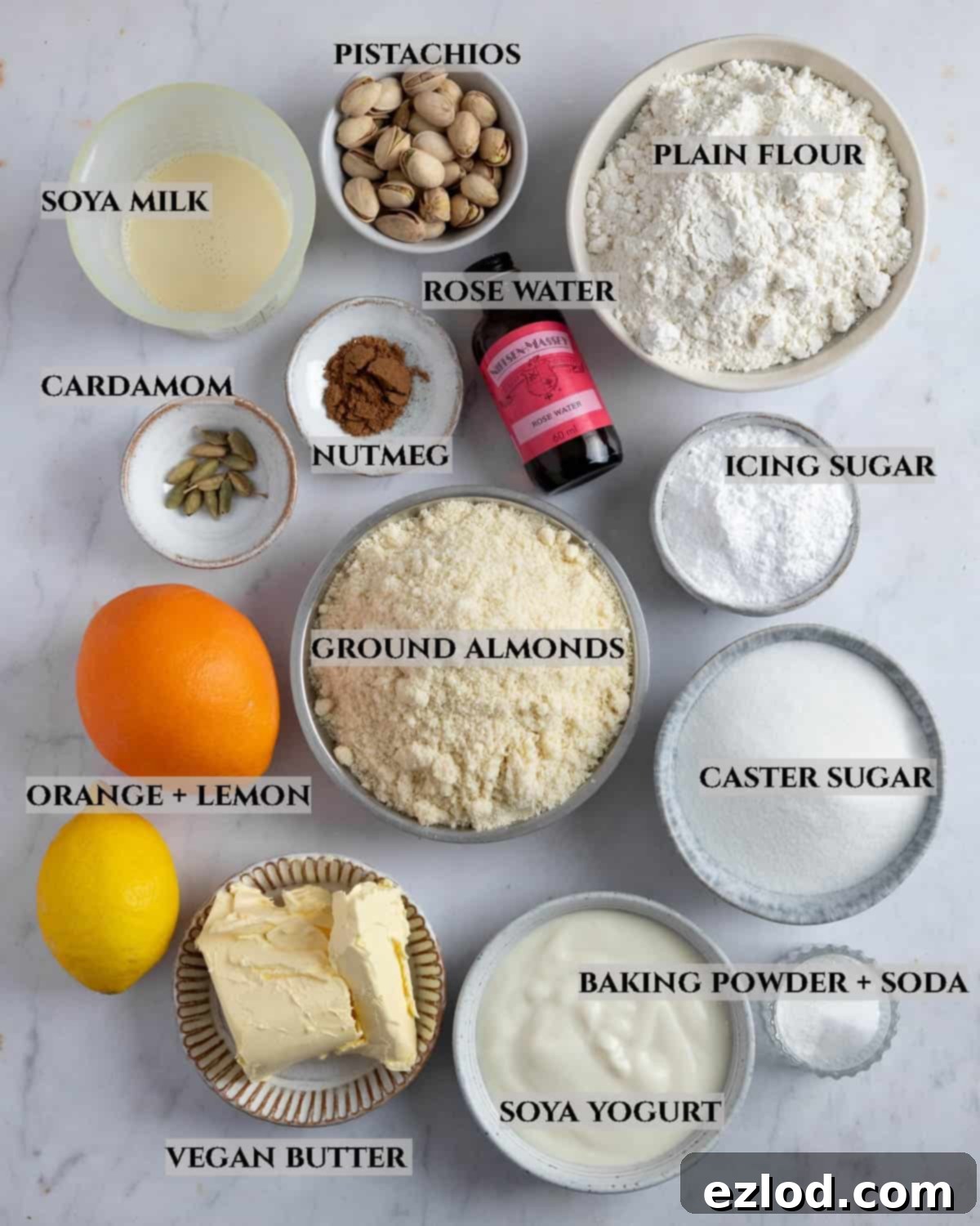 A labelled photo of the ingredients needed to make vegan persian love cake.