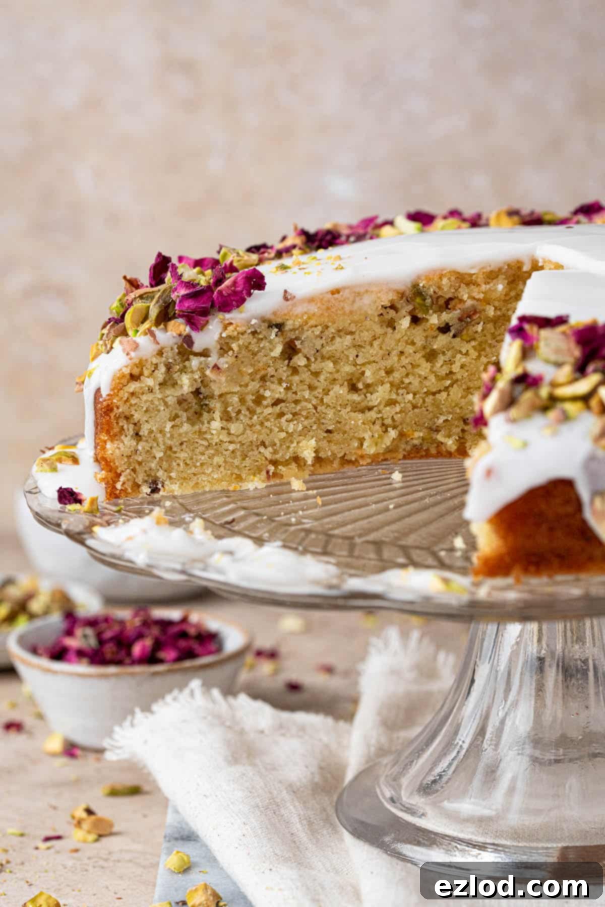 Close up of the sliced vegan Persian love cake.