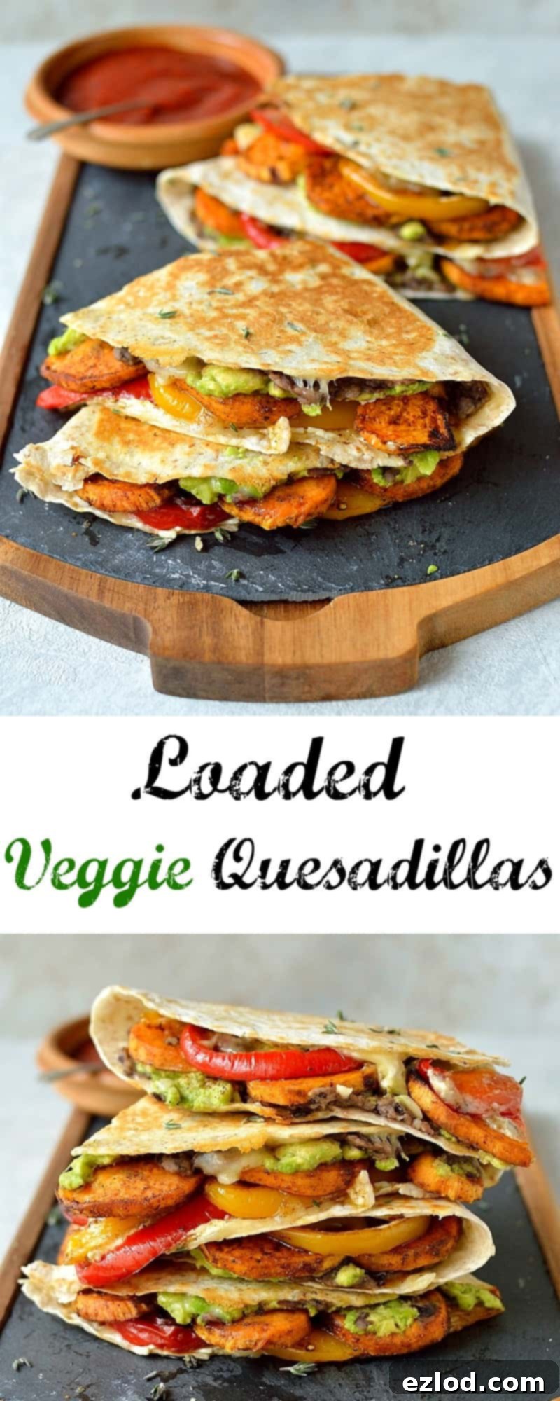 Loaded veggie quesadillas - delicious, filling, healthy quesadillas stuffed with spiced roasted sweet potato, peppers, black beans, avocado, cream cheese and cheddar.