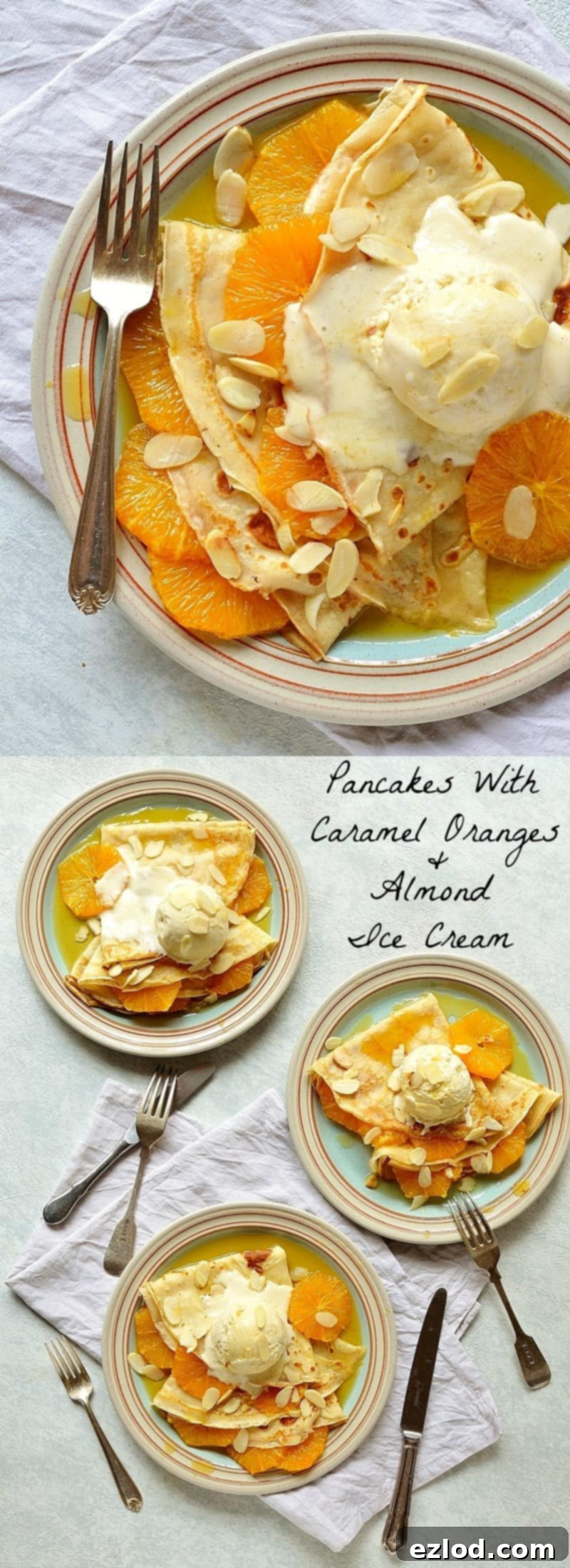 Close-up of fluffy crepes topped with glistening caramel oranges and a scoop of almond ice cream.