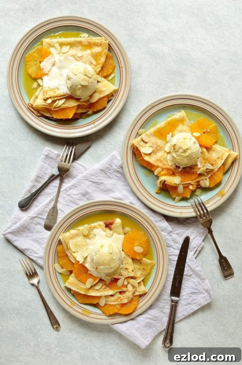 Another perspective of the indulgent crepe dessert, highlighting the beautiful presentation.