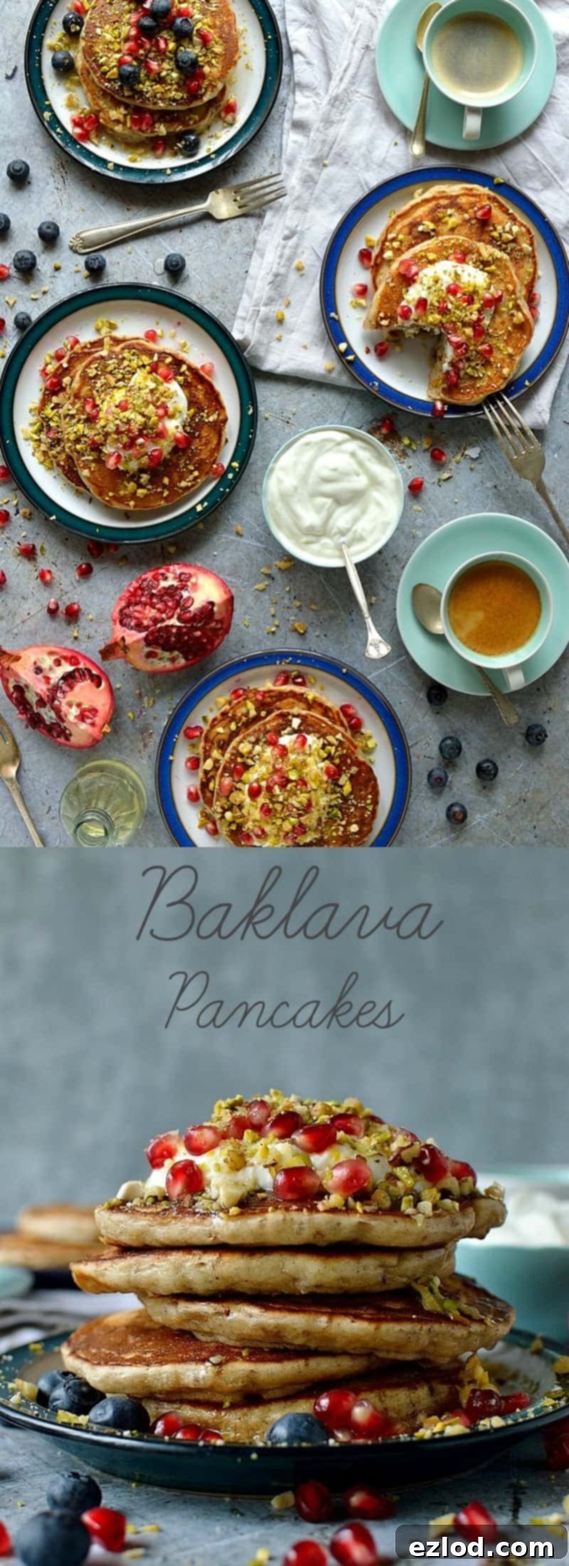 Baklava pancakes - soft, fluffy Greek yoghurt pancakes flavoured with cardamom, cinnamon and chopped pistachios, walnuts and almonds topped with a delicious honey, orange blossom, lemon and rose syrup.