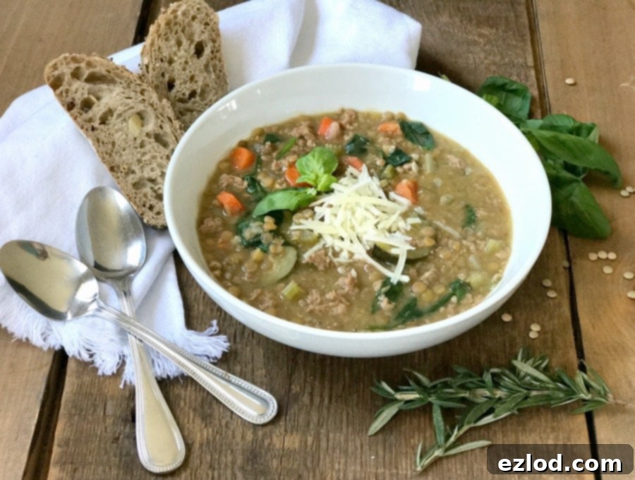 Large pot of Instant Pot Sausage and Lentil Soup, a healthy and filling meal