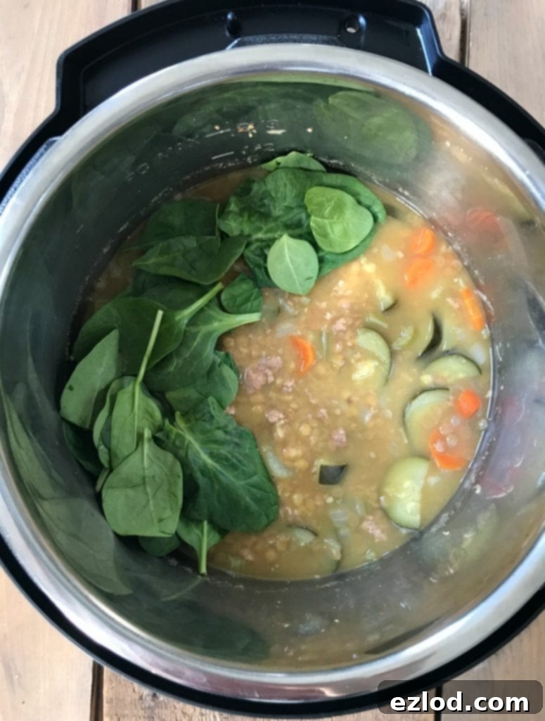 Cooking 21 Day Fix Instant Pot Lentil Soup in a pressure cooker