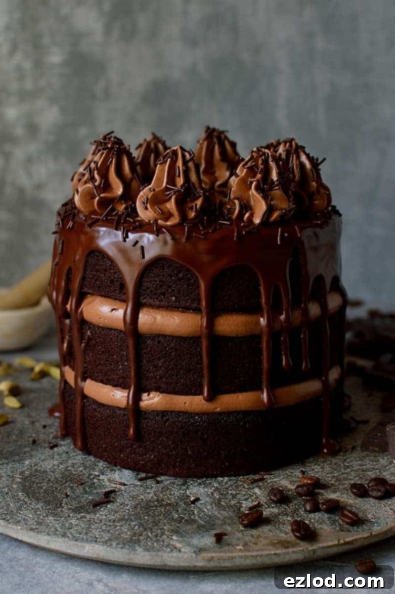 Moist Chocolate Coffee Cardamom Layer Cake with Swiss Meringue Buttercream and Dark Chocolate Ganache