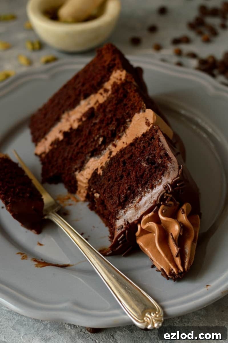Detailed view of the layered Chocolate Coffee Cardamom Cake with buttercream