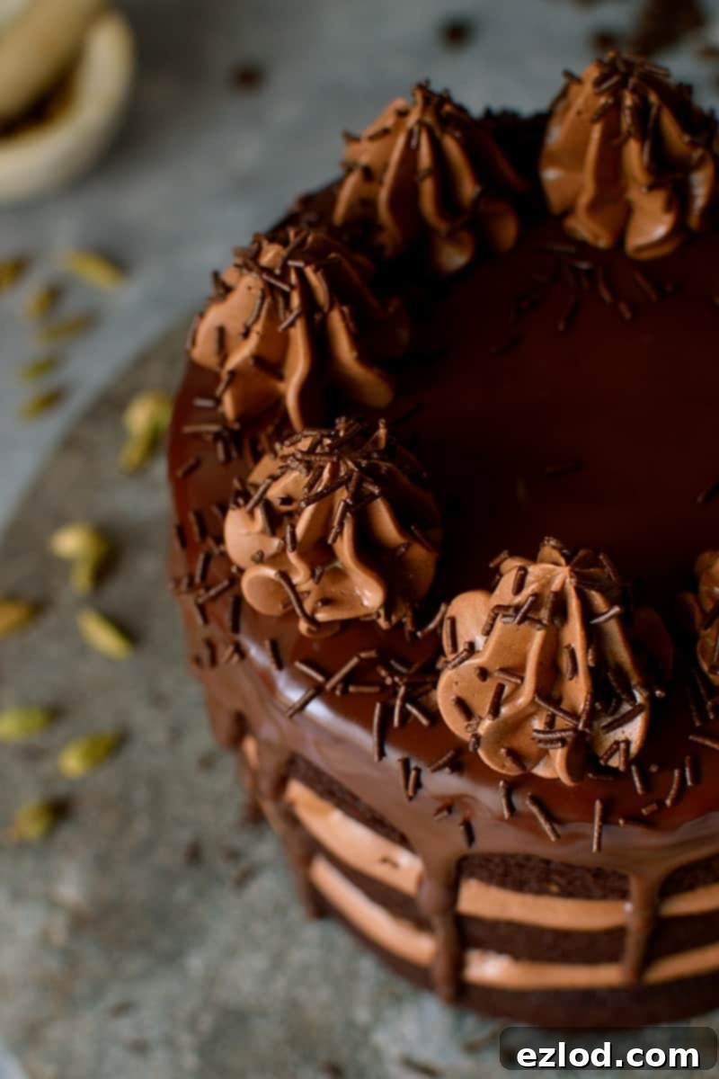 Closeup of chocolate ganache dripping over the cake