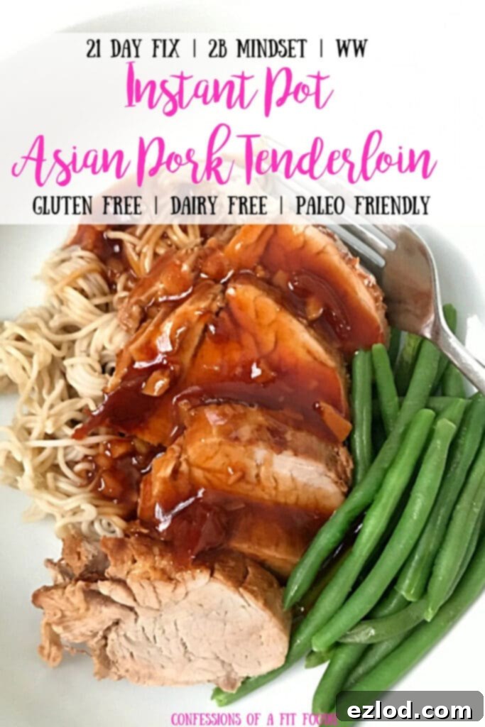 A Pinterest-friendly image showing the 21 Day Fix Instant Pot Asian Pork Tenderloin with various health benefits and keywords like paleo, gluten-free, and weight watchers.