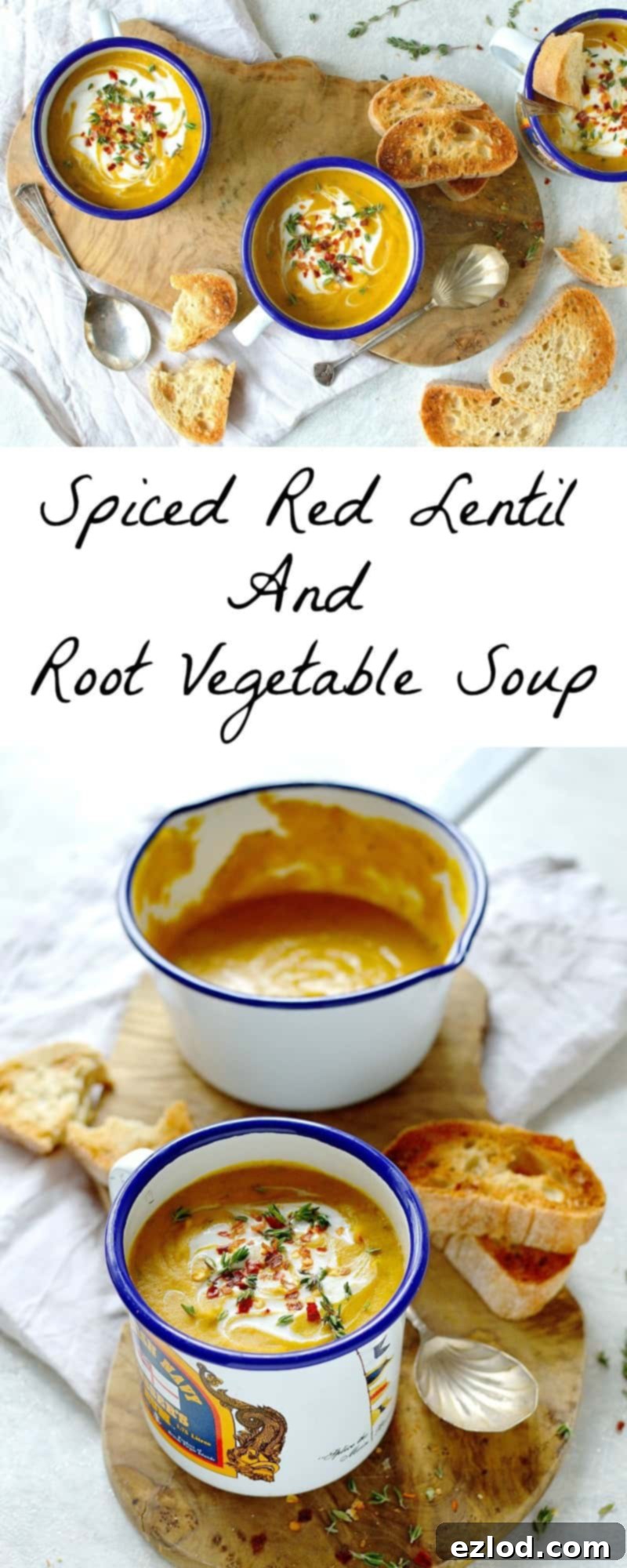 Soul Warming Spiced Red Lentil and Root Vegetable Soup 3 Close-up shot of a creamy, healthy vegan spiced red lentil and root vegetable soup, highlighting its rich texture and vibrant colors.