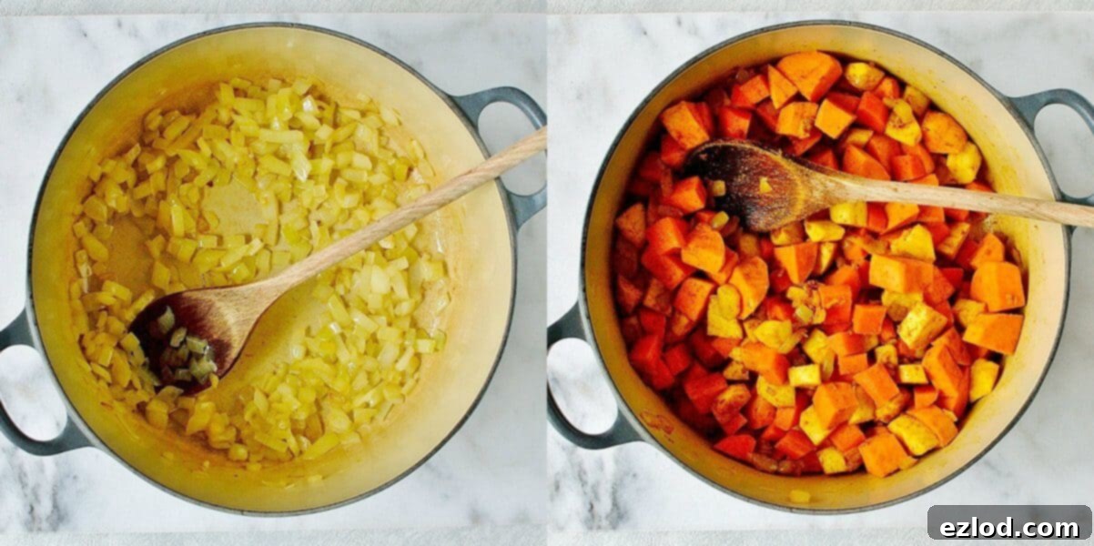 Step-by-step image showing diced onions sautéing in olive oil in a large pot, the first stage of making spiced red lentil and root vegetable soup.