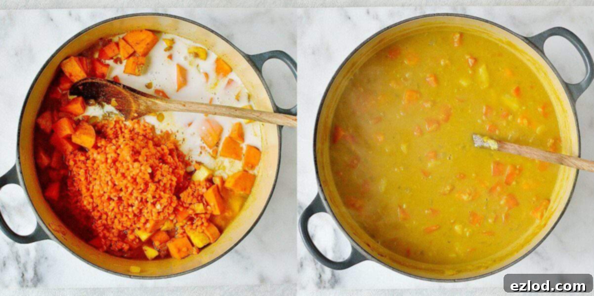 Step-by-step image showing diced root vegetables and spices being sautéed in a pot after the onions, releasing their aromas.