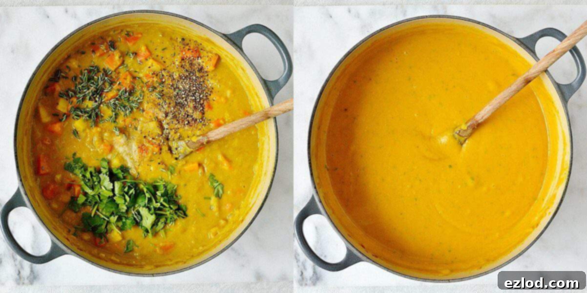 Step-by-step image showing red lentils, coconut milk, and vegetable stock added to the pot, simmering to cook the vegetables and lentils.