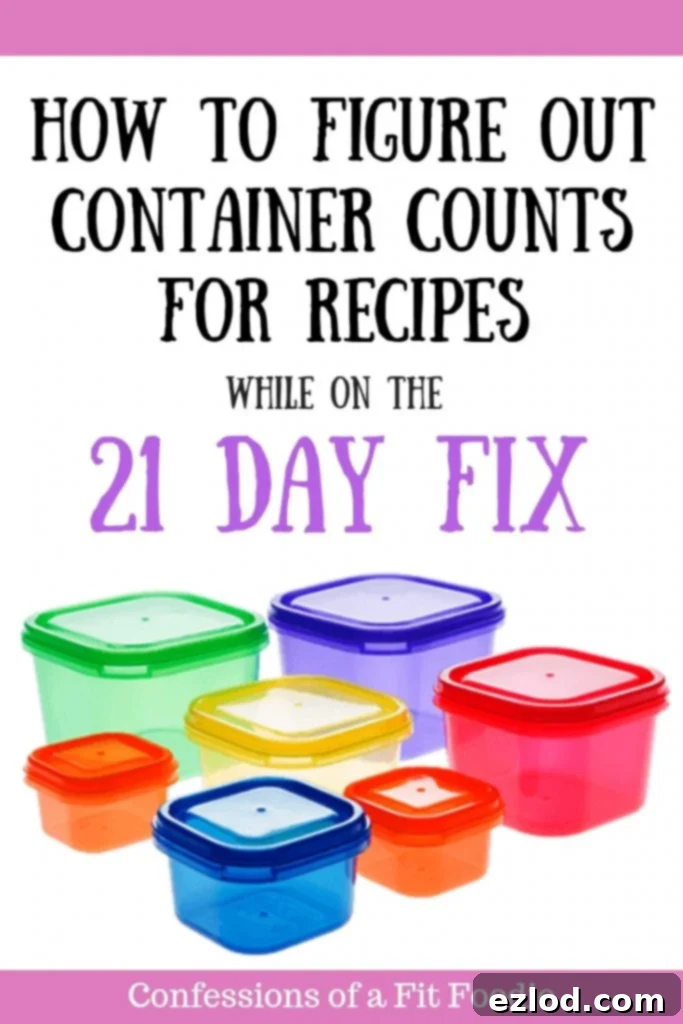 Colorful containers with black and purple text and pink bands at the top and bottom summarizing 21 Day Fix container counting for easy reference.