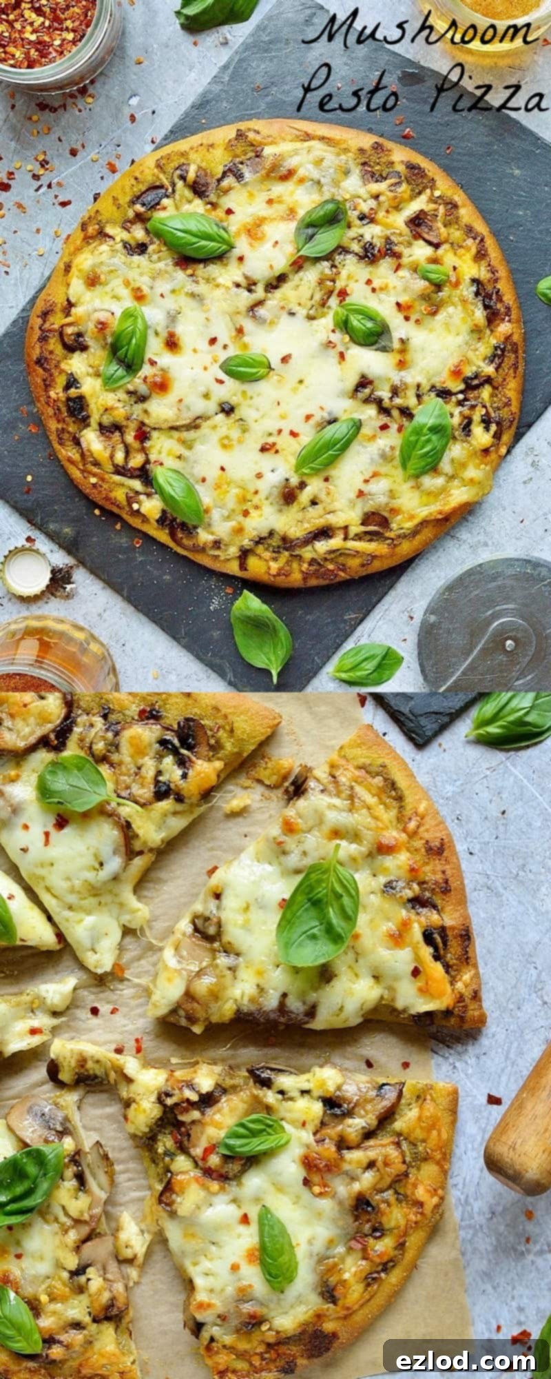Mushroom pesto pizza - easy home made vegetarian pizza topped with garlic mushrooms, basil pesto and plenty of mozzarella and cheddar cheese.