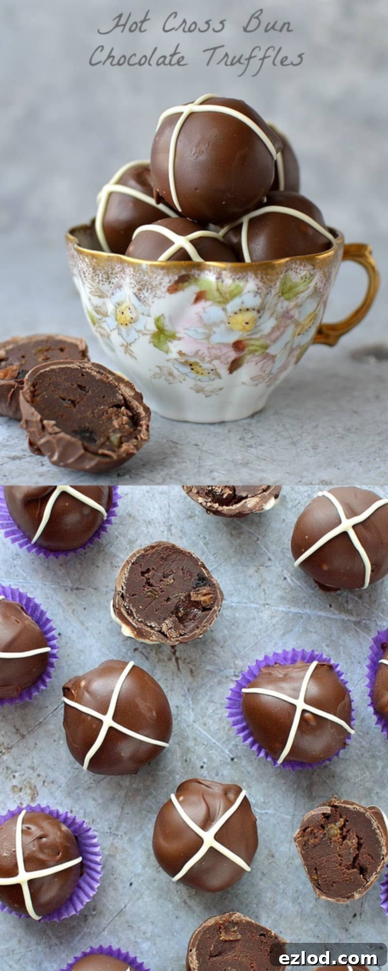 Spiced Hot Cross Bun Truffles 2 Close-up of a Hot Cross Bun Chocolate Truffle, showcasing the smooth dark chocolate coating and intricate white chocolate cross, perfect for Easter celebrations.
