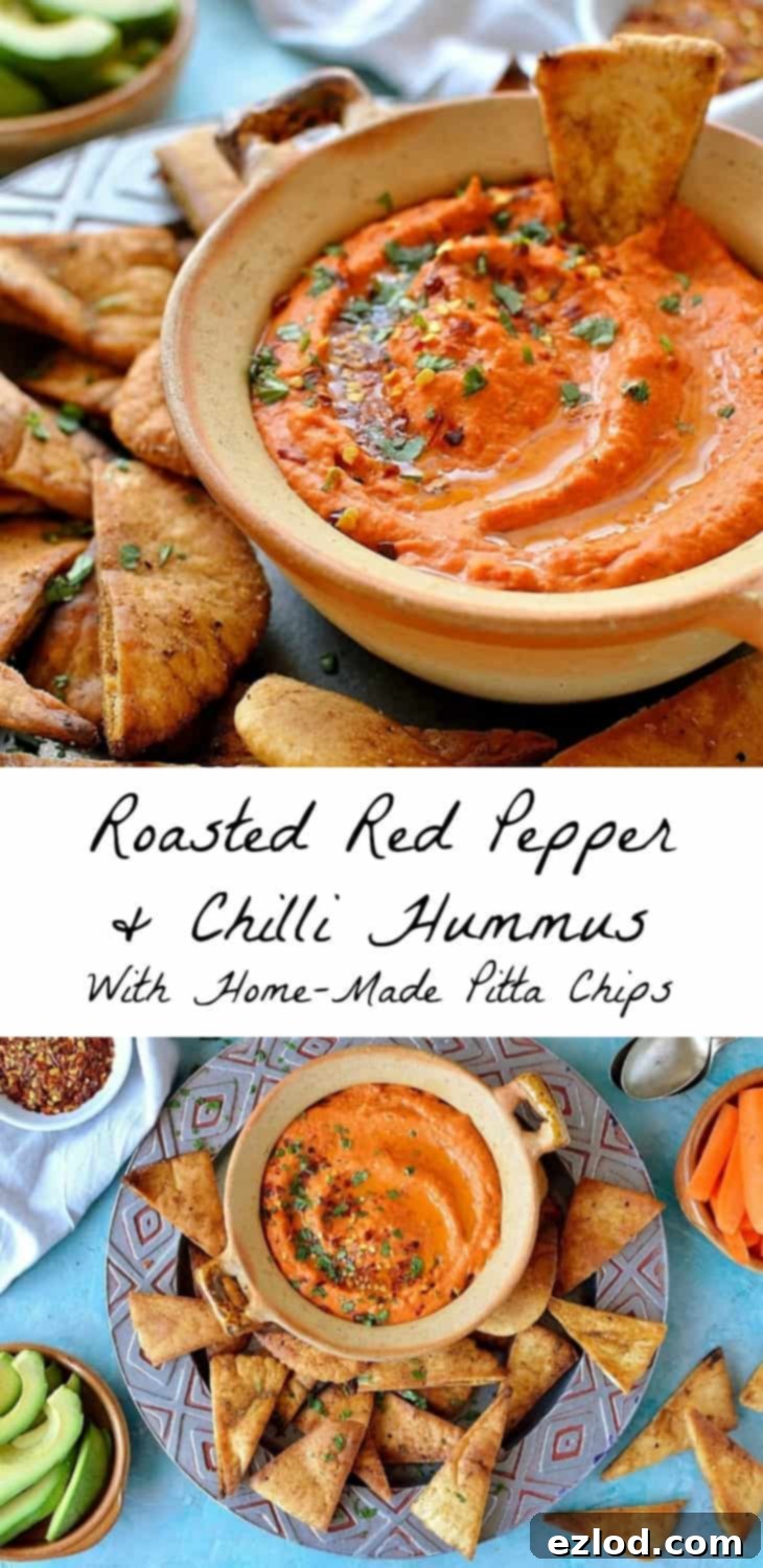 Roasted red pepper and chili hummus with home-made seasoned pitta chips. Easy to make and the perfect snack!