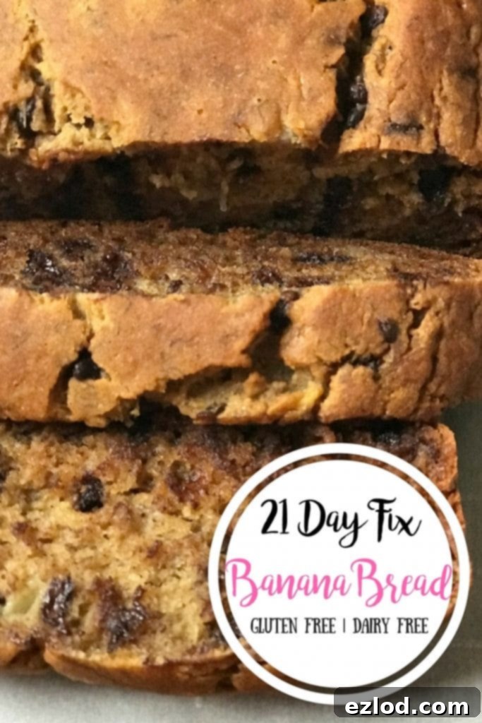 Overhead photo of sliced banana bread with white circle in the bottom right corner. In the circle is the text overlay- 21 Day Fix Banana Bread | Gluten Free | Dairy Free