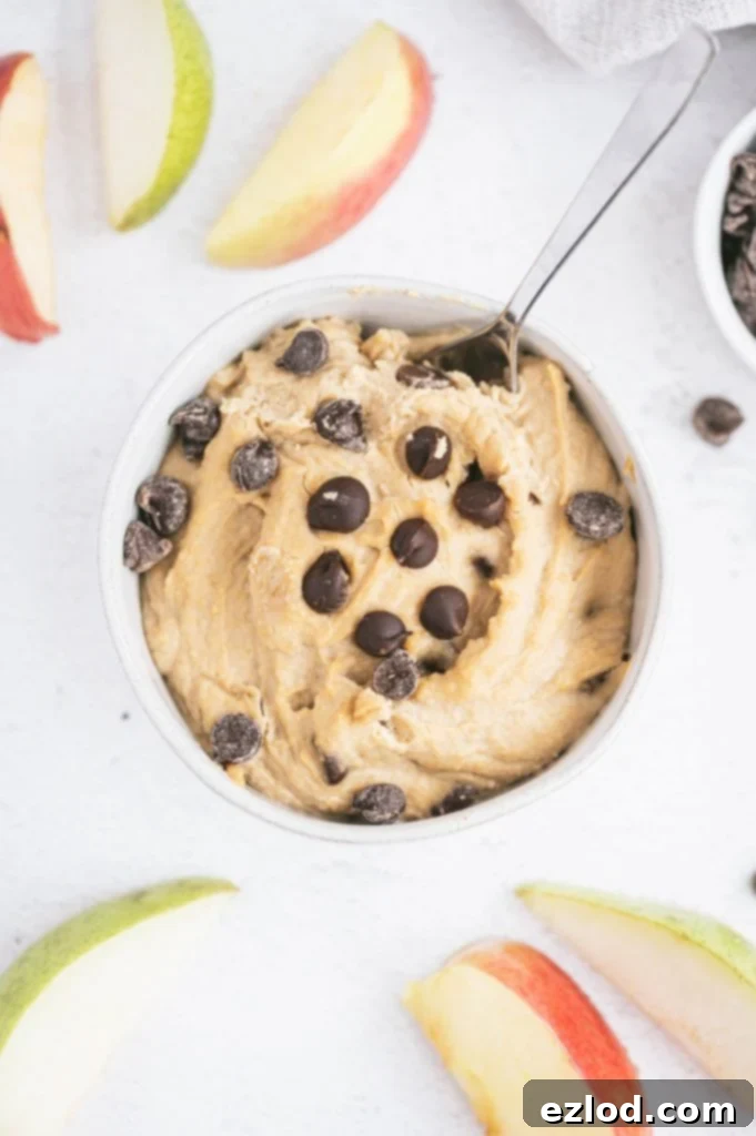 Overhead shot of a bowl of creamy chickpea cookie dough dip with chocolate chips, surrounded by fresh apple slices.