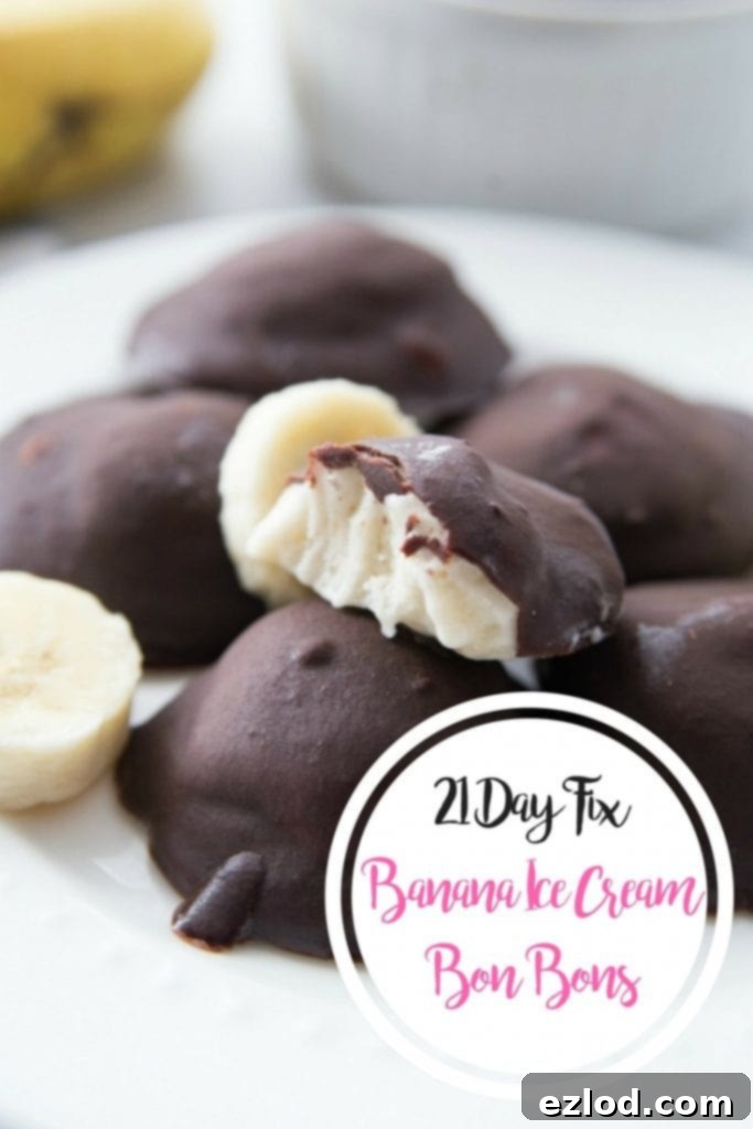 A vibrant Pinterest image for 21 Day Fix Banana Ice Cream Bon Bons, highlighting healthy indulgence