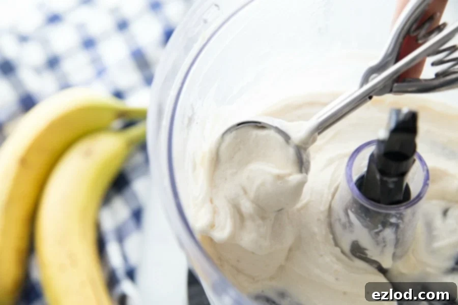Smooth, creamy banana ice cream swirling in a food processor bowl