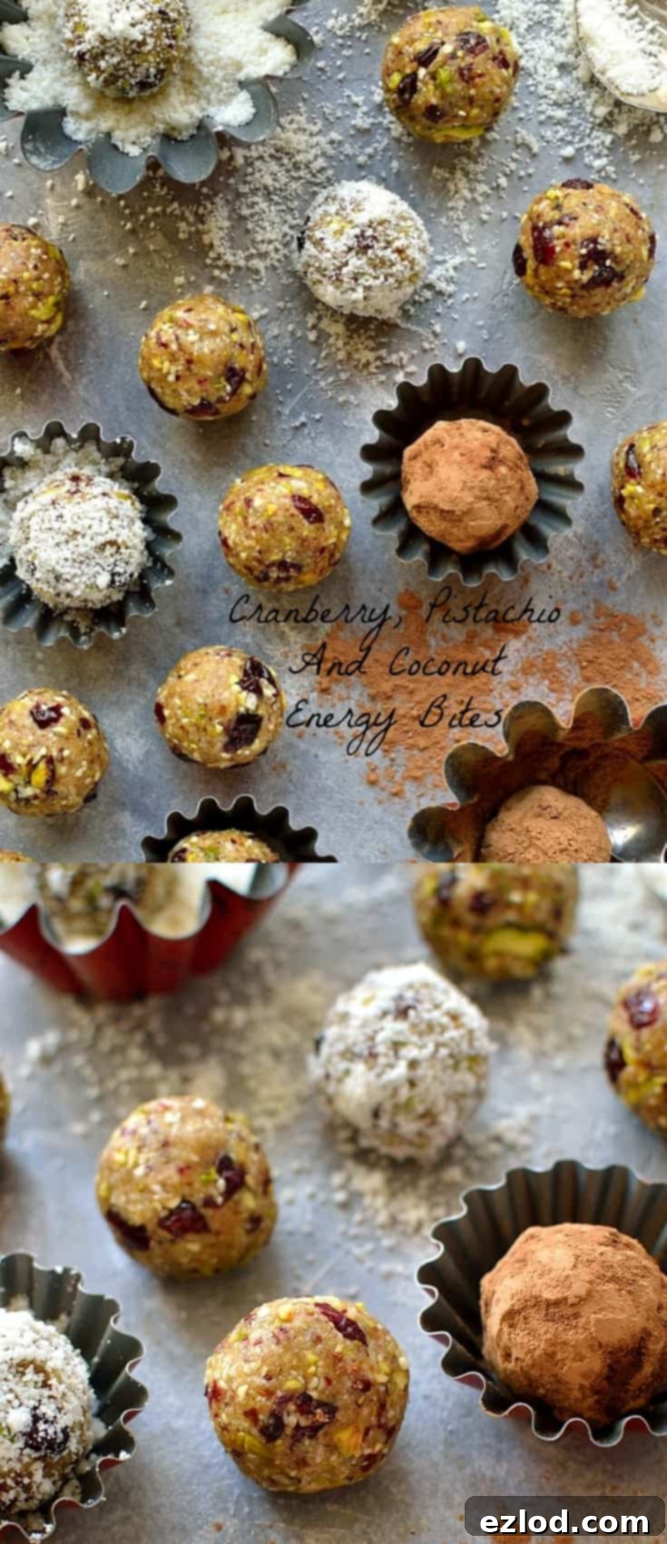 A top-down view of a platter of colorful vegan energy bites, showcasing the texture of pistachios and cranberries, ready to be enjoyed as a protein-rich treat.