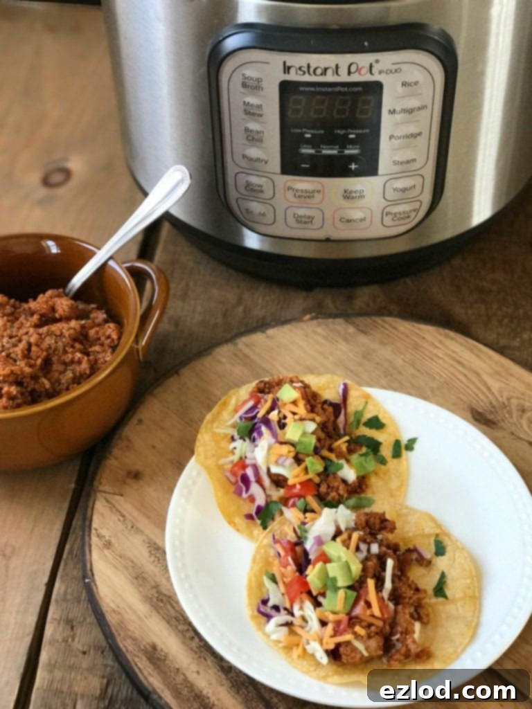 Close-up of cooked Instant Pot taco meat