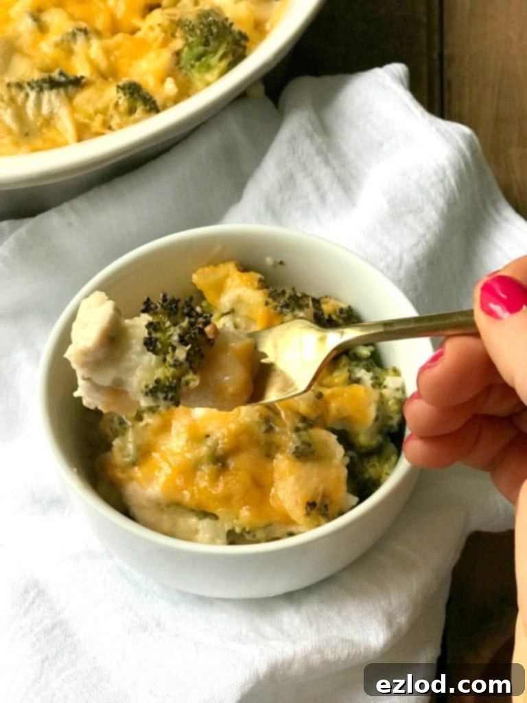 Small bowl of cheesy chicken and broccoli casserole 