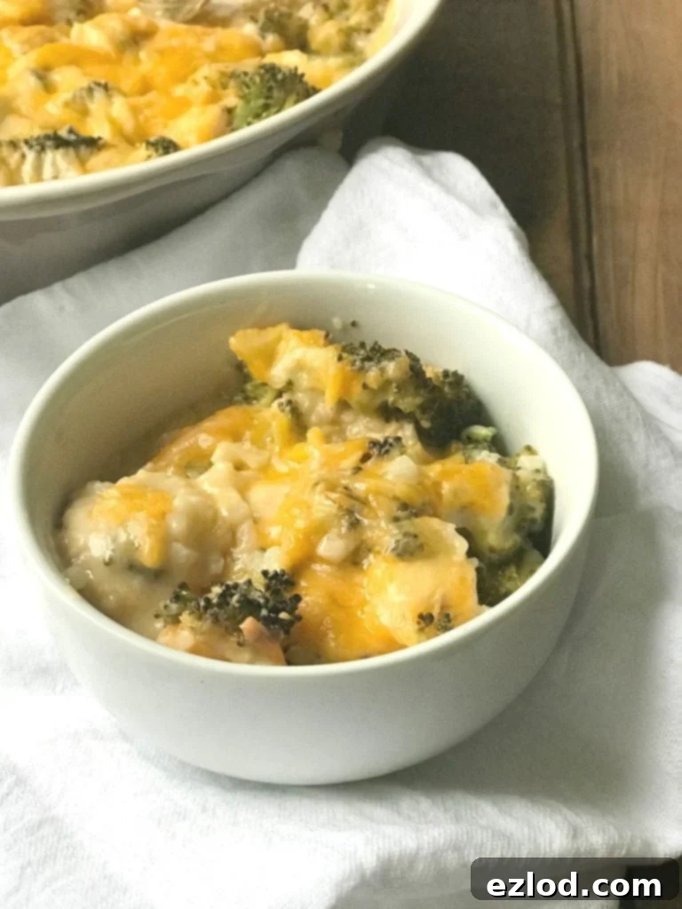 Freshly baked cheesy chicken and broccoli casserole, bubbling and golden brown