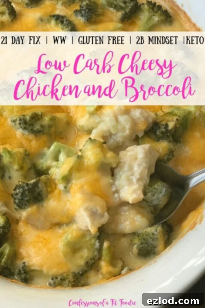 Pinterest graphic for low carb cheesy chicken and broccoli casserole with cauliflower rice