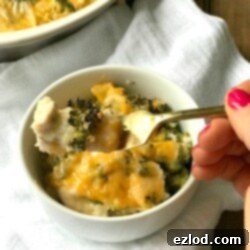 Small bowl of cheesy chicken and broccoli casserole