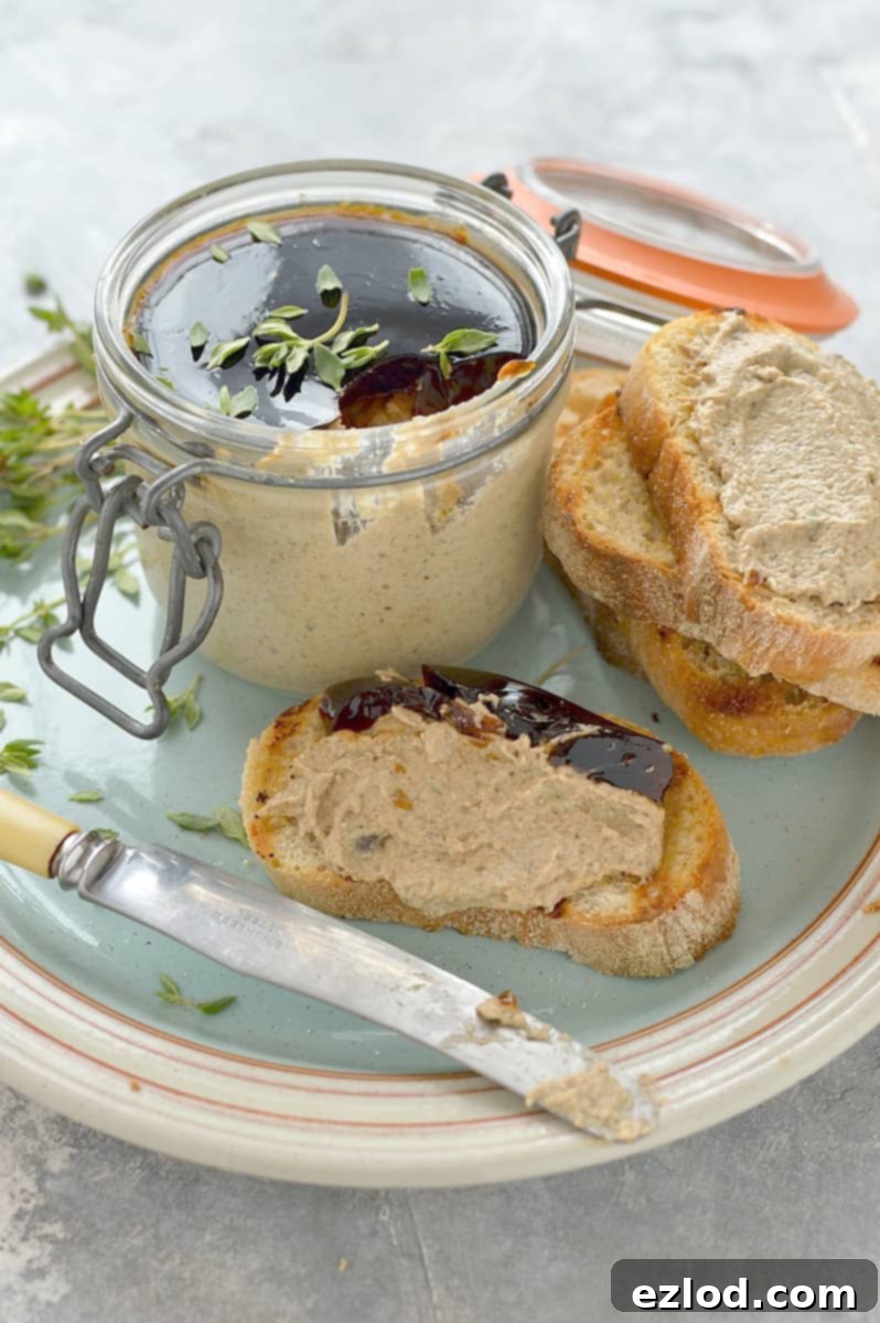 Rich vegetarian mushroom pâté, made with dried porcini mushrooms for deep flavor, served as an appetizer on toast.