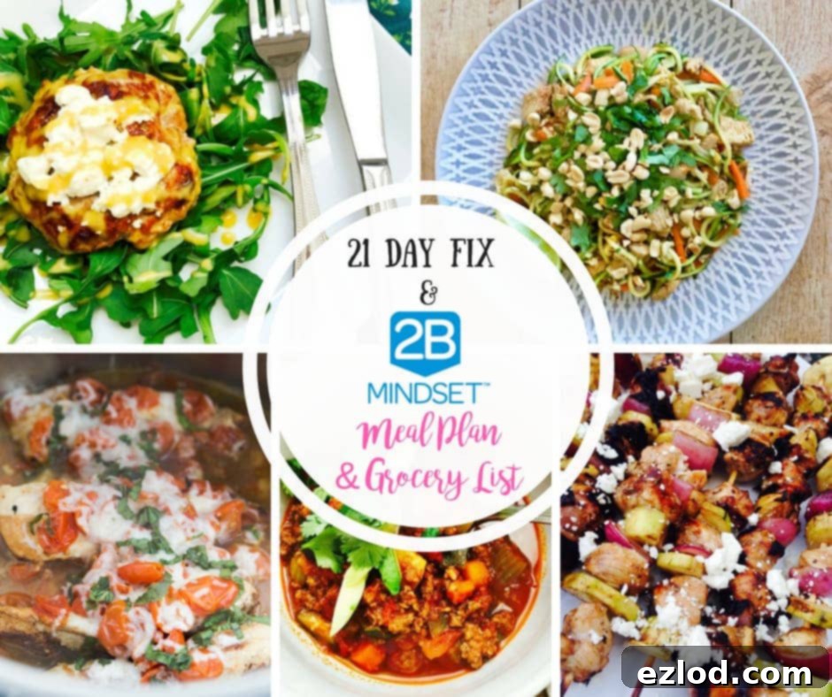 A vibrant, healthy meal spread featuring fresh vegetables, lean protein, and a grocery list on a clipboard, representing a 2B Mindset and 21 Day Fix meal plan.