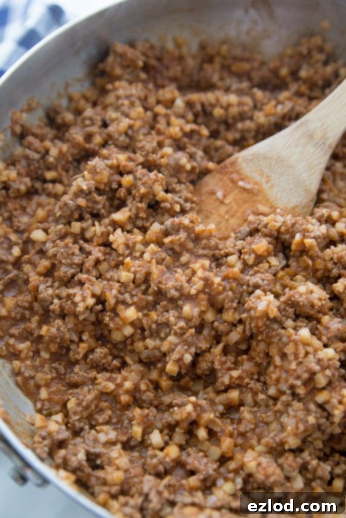 Hidden Cauliflower Taco Meat in a skillet, ready to be served for a healthy taco night.