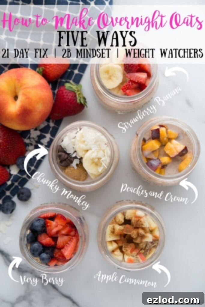 Overhead shot of overnight oats labeled with different flavors- strawberry banana, chunky monkey, peaches and cream, very berry, and apple cinnamon- with the text overlay How to Make Overnight Oats Five Ways, 21 Day Fix | 2B Mindset | Weight Watchers