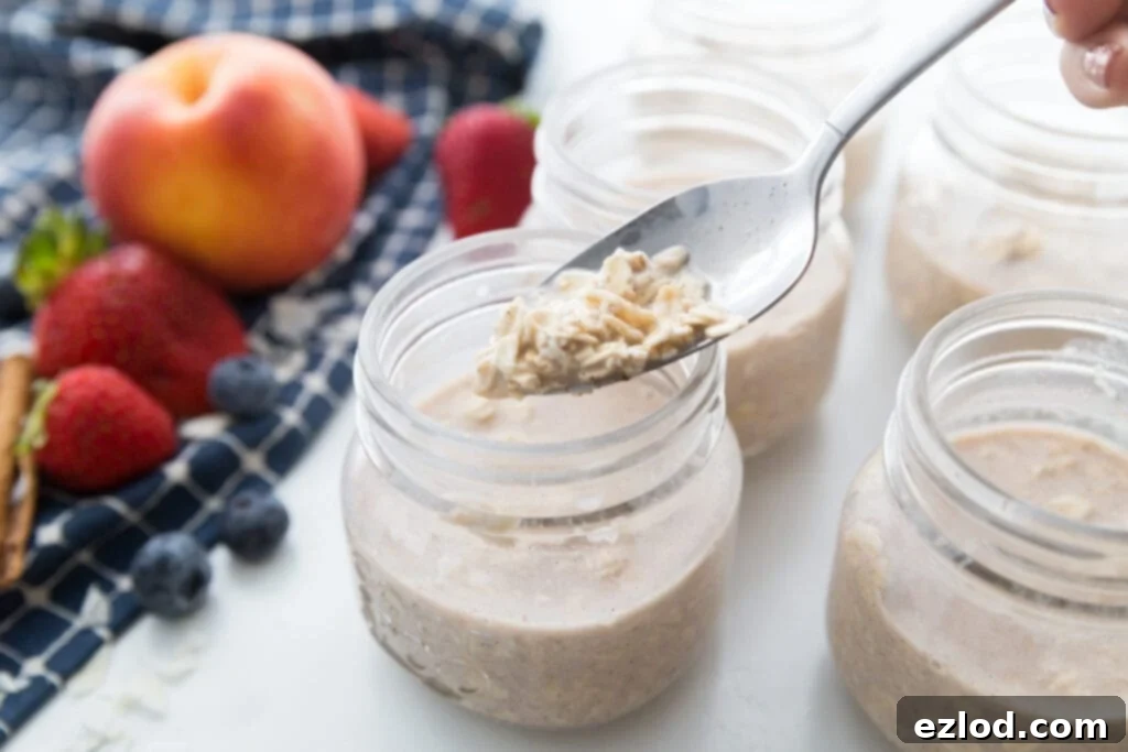 Overnight Oats being divided into mason jars