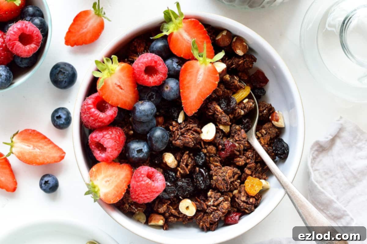 A bowl of chocolate berry granola ready to be served
